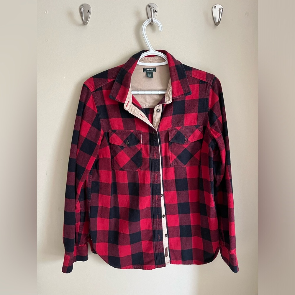 Roots thick red plaid flannel button down with corduroy elbow patches size M